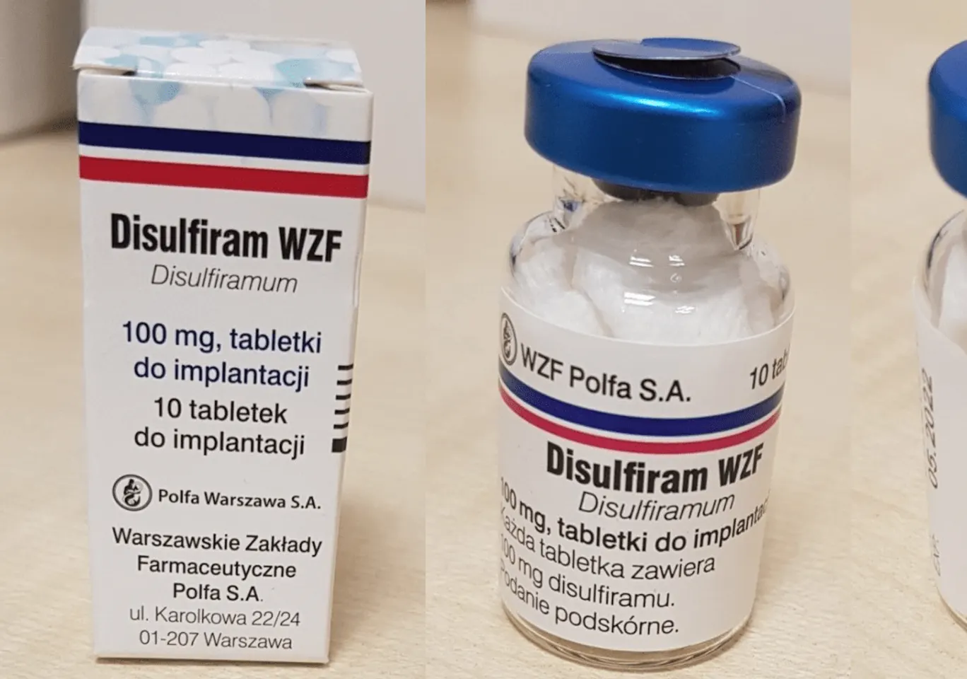 Wszywka alkoholowa Esperal Strzelin: fiolka disulfiramu obok opakowania leku